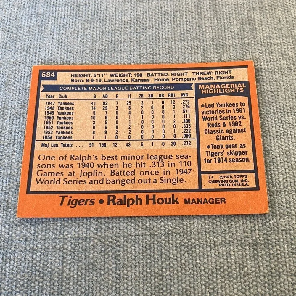 1978 Topps Detroit Tigers Baseball Card Trading Card